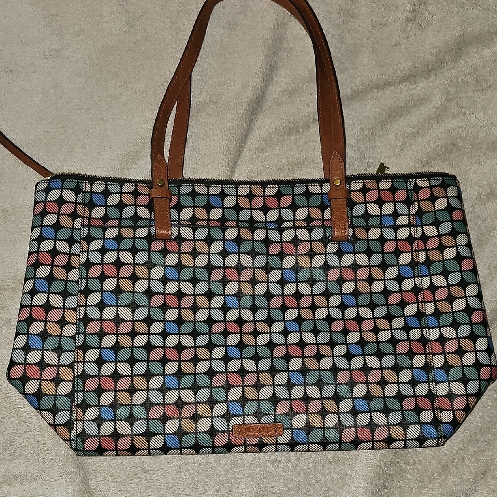 Fossil Black and Brown Leather Tote Bag with Geometric Design